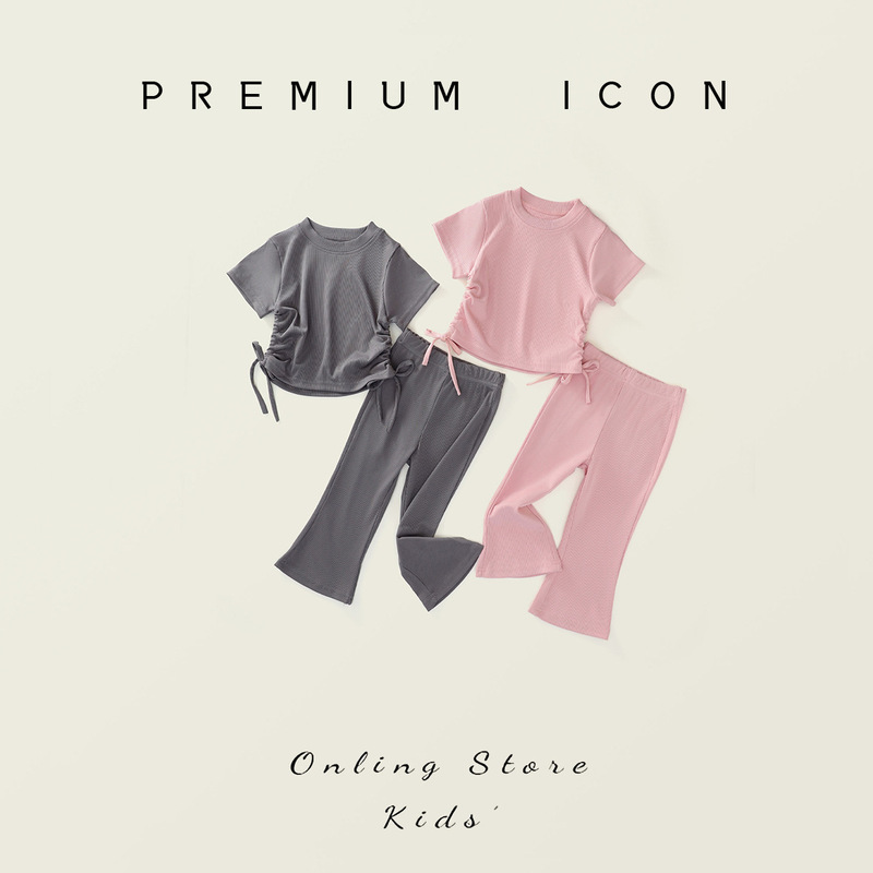 Girls Short-Sleeved Suit 2025 Summer New Style Children's Casual Style Pure Color Stretch T-Shirt Bell-Bottom Pants Two-Piece Set