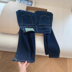 深蓝色开叉窄版直筒牛仔裤阔腿宽松女2025新款小个子烟管梧桐裤子