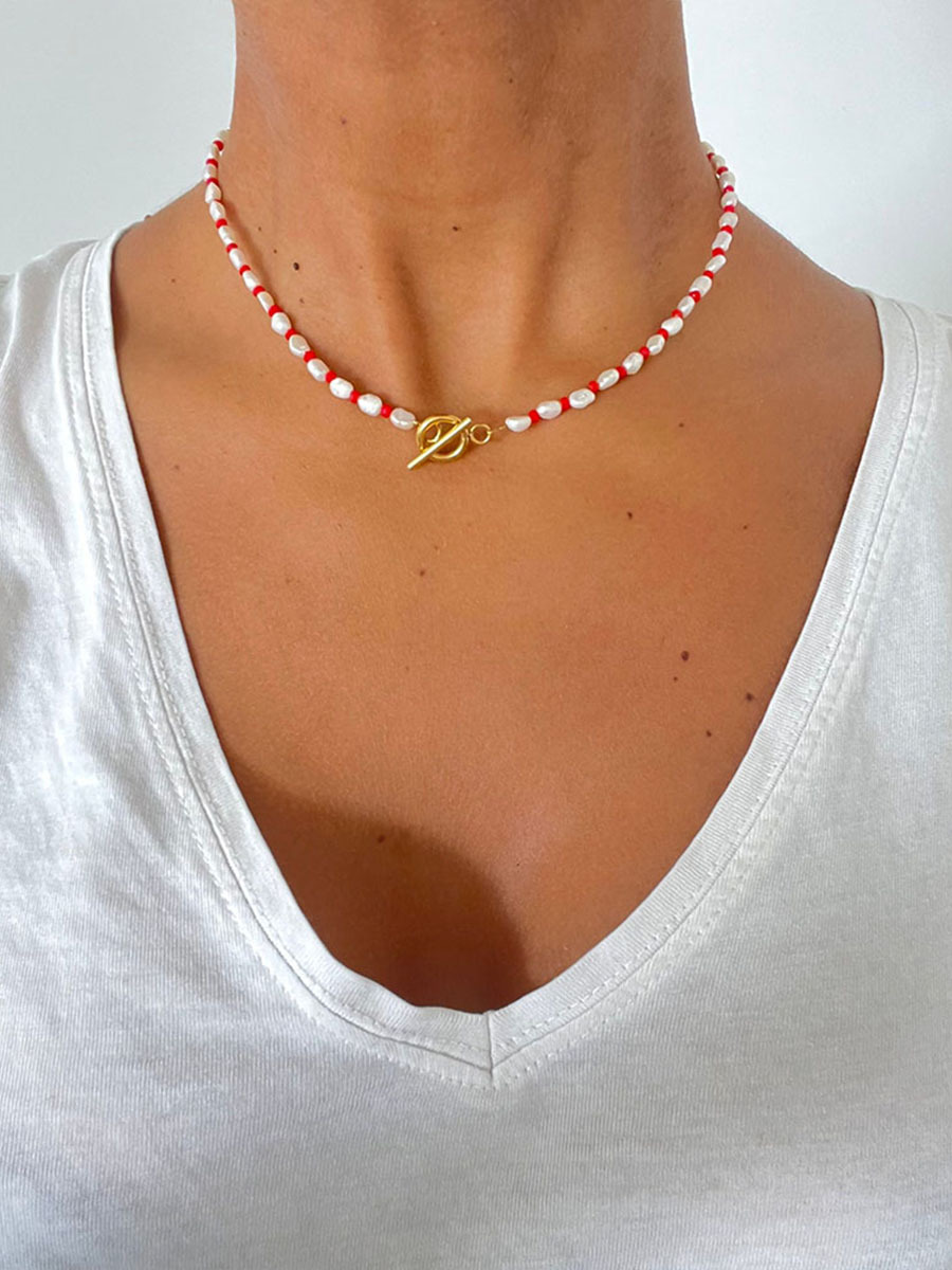 Fashion Round natural stone Pearl Titanium Steel Beaded Necklace 1 Piece