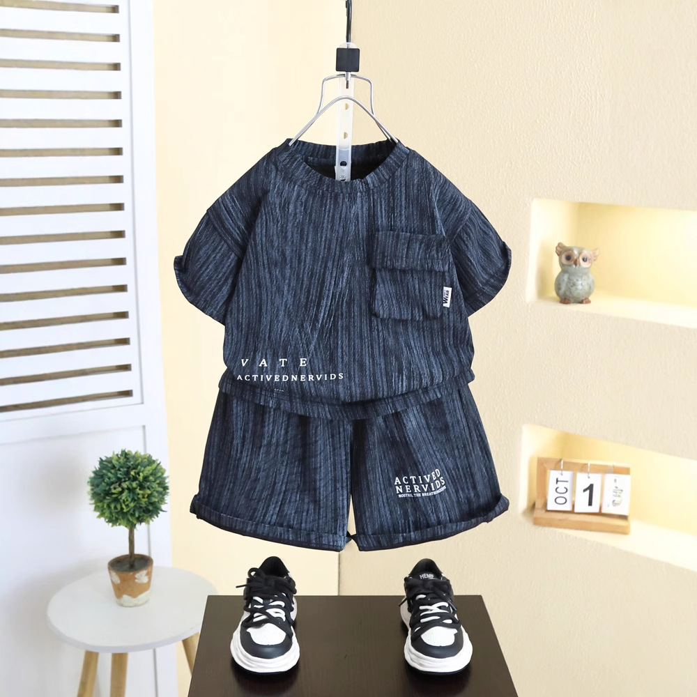 7989 traje de manga corta para niños verano 2025 nuevos pantalones cortos de media manga para bebés de dos piezas ropa fina de verano para niños