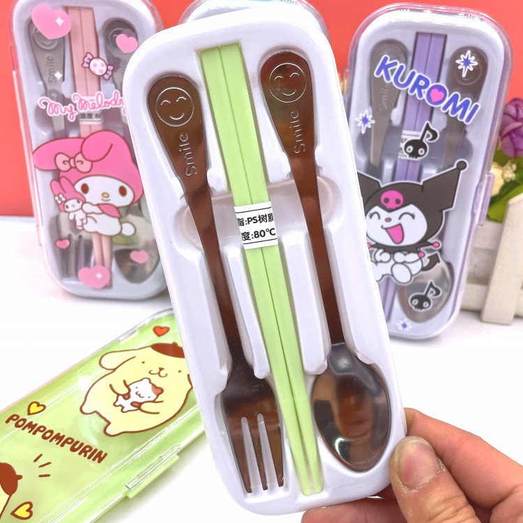 Cute portátil Kulomi Yue Gui perros niños estudiantes palillos de acero inoxidable tenedor palillos set cubiertos set box