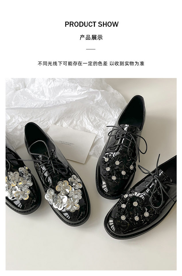 Giày lười nữ da cừu mũi tròn buộc dây hoa, đế thấp 1–3 cm — Bạc, màu đen chi tiết 5