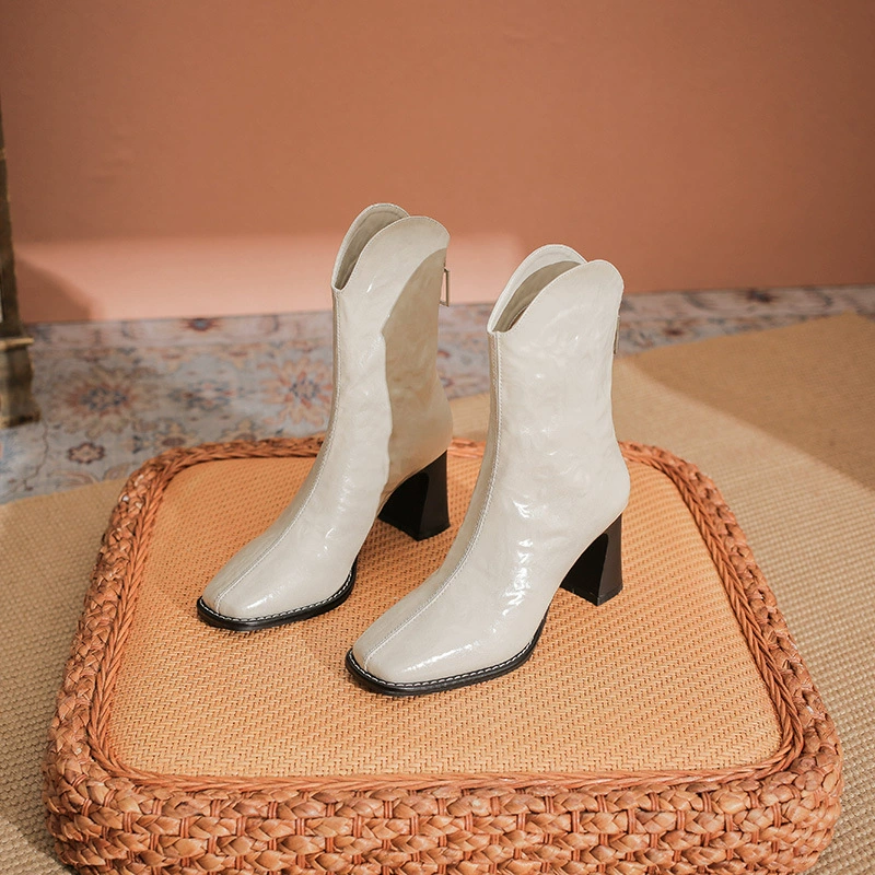 7798-1 Ручной рисунок V Ручной каблуки короткие сапоги женская квадратная голова позади застежки-молнии тонкие сапоги Martin сапоги ретро на высоком каблуке