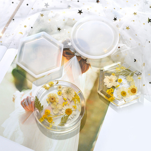 Floral DIY crystal glue mold dish mold hexagonal round resin gypsum storage box silicone mold