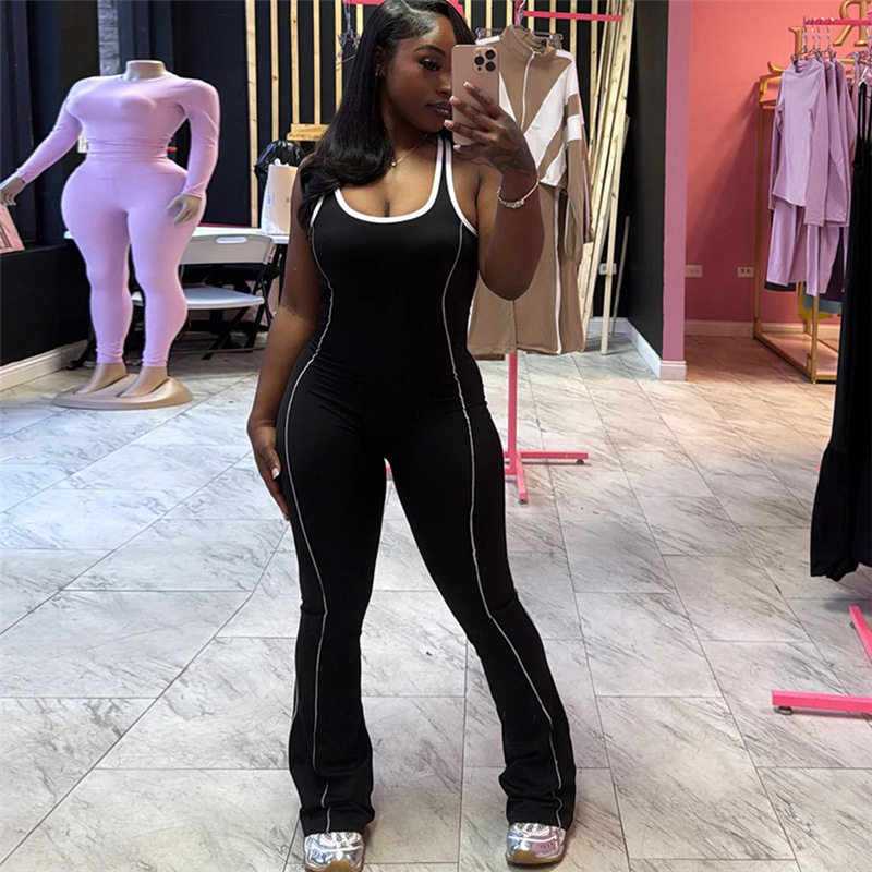 Women's Backless Slim-Fit Yoga Jumpsuit - High Waist Tummy Control Workout Bodysuit With Contrast Color Design For Summer_voghion.com