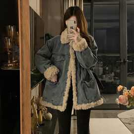 抖音爆款牛仔外套女秋冬新款加绒加厚牛仔衣服夹克棉衣棉服袄子