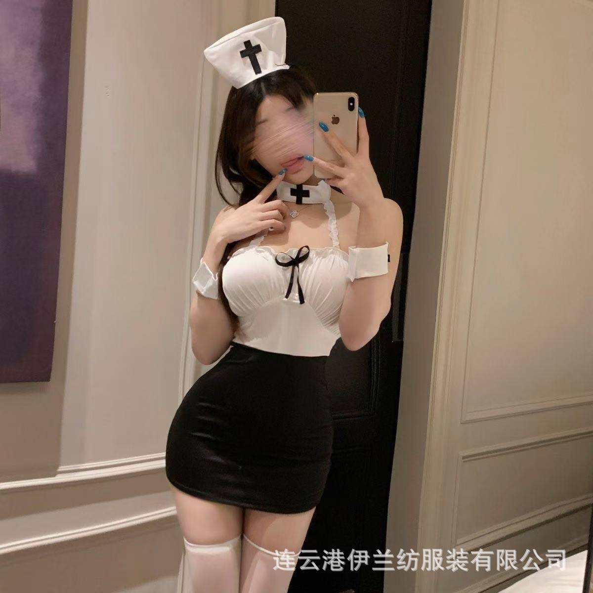 Nurse Role Play Costume Set with Headpiece and Wrist Cuffs, Polyester Bodysuit — detail image 2