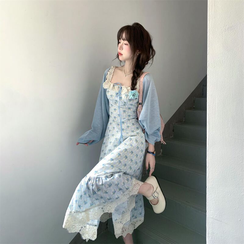 Two-piece Suit Super Fairy Gentle Style Temperament Tight Waist Doll Collar Floral dress Matching Blue Sweater Cardigan Women