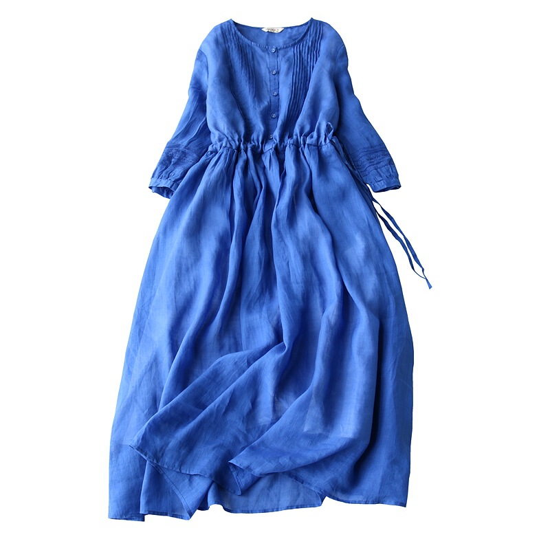 Vintage Cotton Linen Lace-up Waist Slimming Half-sleeve Dress Women's Round Neck Elegant Organ Pleated Elegant Fairy Skirt Vintage Cotton Linen Lace-up Waist Slimming Half-sleeve Dress Women's Round Neck Elegant Organ Pleated Elegant Fairy Skirt