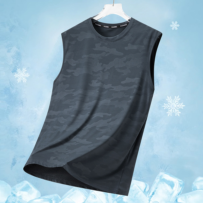 Camiseta sin mangas casual de secado rápido con estampado de camuflaje de verano de seda de hielo para hombre Camiseta deportiva suelta fresca para hombre transfronteriza