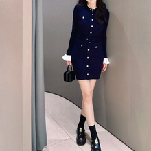 SP家秋冬新款女装明星同款圆领长袖纯色弹力针织修身显瘦短连衣裙
