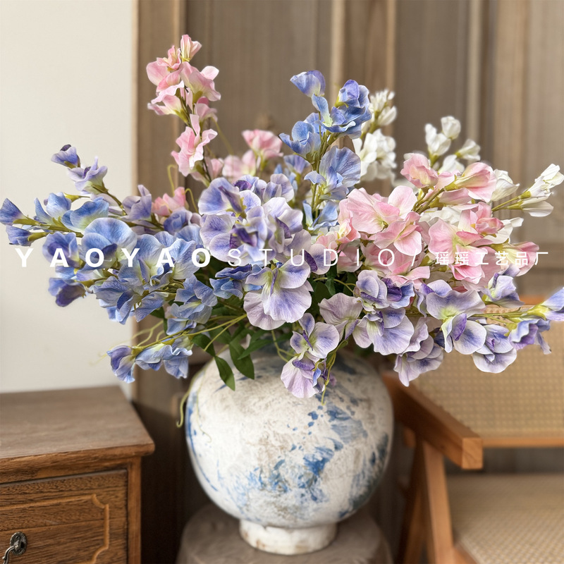 3-Leaf Pea Flower Blue-Purple Flower Material Home Decoration Photography Props Wedding Aisle Flower Arrangement Accessories