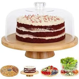Cross-Border Wooden Cake Stand with Lid Multi-Purpose Cake Stand with Dome Acrylic Cake Wooden Simple Tray