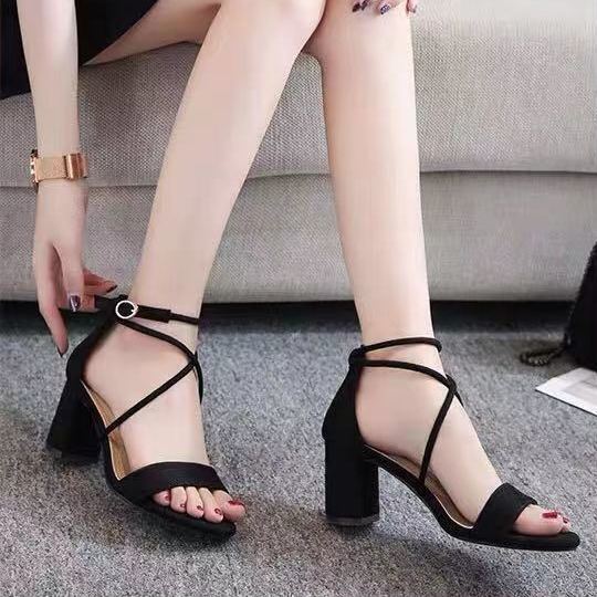 Internet Celebrity Ins High-heeled Shoes with One-line Buckle 2024 New Arrival Fashionable All-match Student Thick Heel Roman Sandals for Women Internet Celebrity Ins High-heeled Shoes with One-line Buckle 2024 New Arrival Fashionable All-match Student Thick Heel Roman Sandals for Women