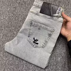 Quality Jeans for Men, Washed, Small Feet, American European Letters, Distressed Light Blue Pants, Social Boy Pants, Gray
