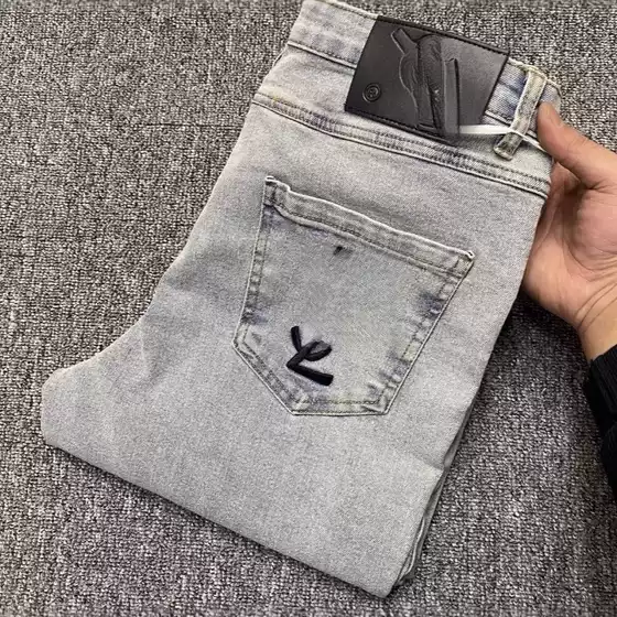 Quality Jeans for Men, Washed, Small Feet, American European Letters, Distressed Light Blue Pants, Social Boy Pants, Gray