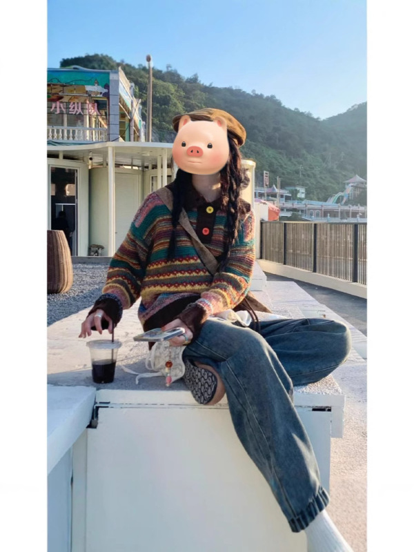 秋冬季新款美拉德穿搭彩色条纹慵懒风翻领毛衣开衫女针织外套|undefined