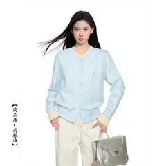 休闲风蓝色假两件毛衣针织衫开衫女春秋小个子修身内搭打底