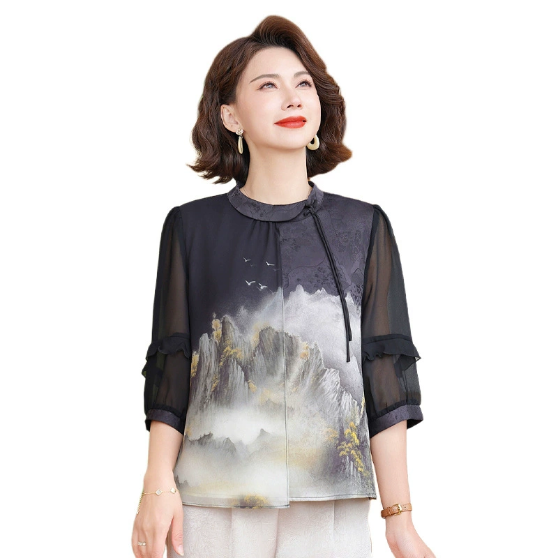 Средние и пожилые мамы имитация шелковых рубашек дамы с семью очками с короткими рукавами маленькая рубашка летняя новая шелковая куртка