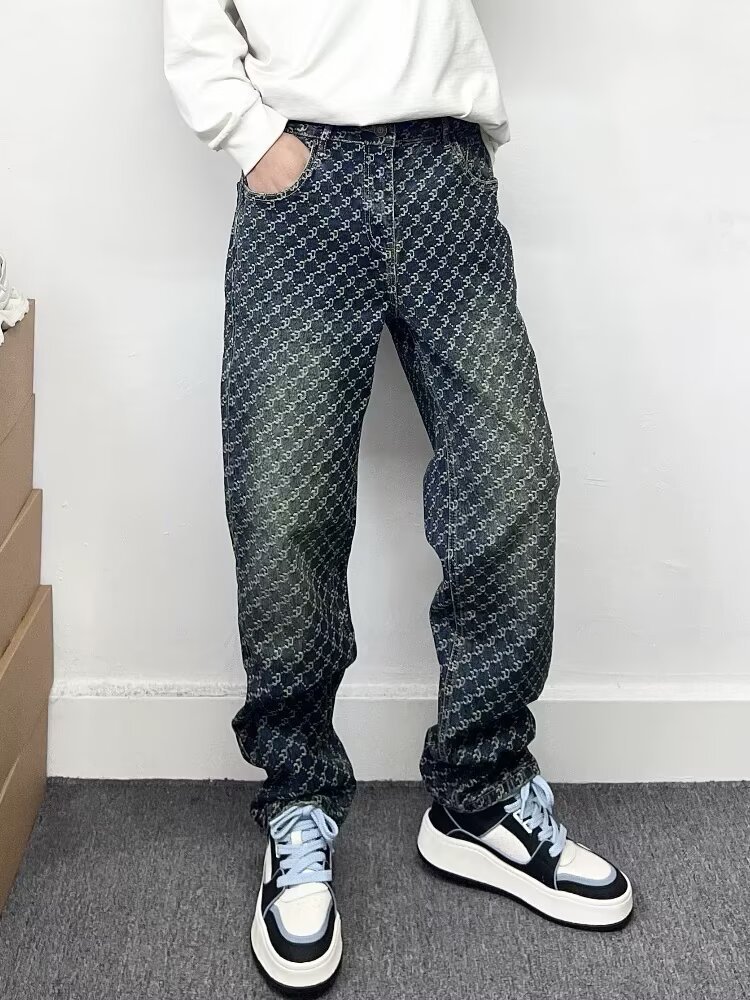 Men's Clothing High End Men's Straight Leg Jeans Streetwear American High Street Style Cool Edgy Vibe Full Print Embroidery_mkmklike.com