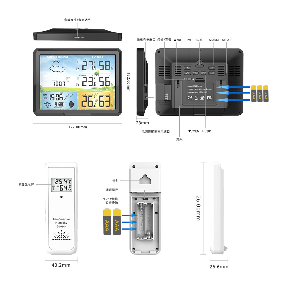 Medidor de temperatura y humedad interior y exterior PT20B multifunción pantalla a color reloj meteorológico reloj despertador pronóstico del tiempo reloj calendario en stock