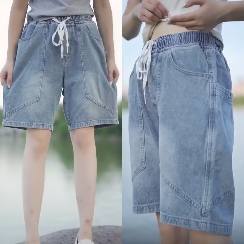 Ropa de trabajo pantalones cortos de mezclilla pantalones casuales de alta gama sueltos de verano para hombres pantalones de cinco puntos guapos de marca de moda retro lavados