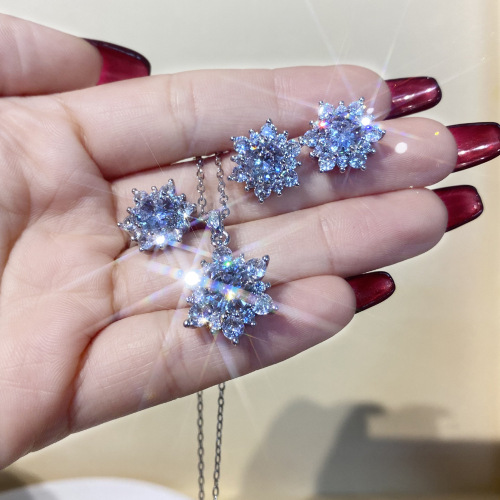 Xiaohongshu Recommended Live Streaming Sunflower Necklace Set with Flowers Petals Micro-Set Full Diamond Open Ring Earrings