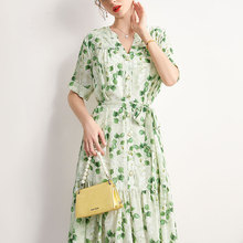 桑蚕丝长款连衣裙夏季时尚碎花大码宽松裙子气质女士绿色真丝长裙