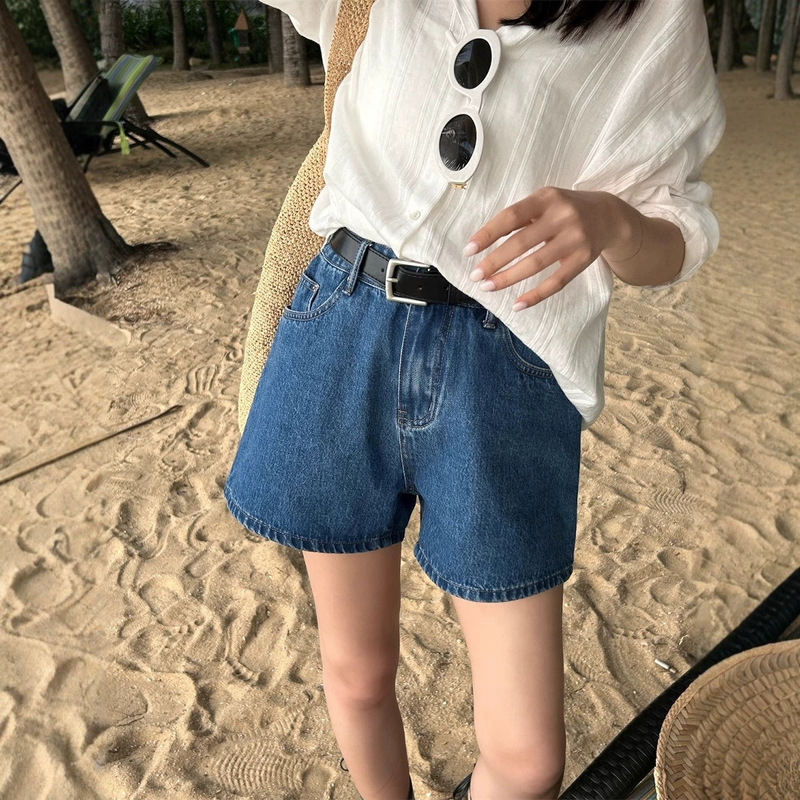 水洗夏季新款深蓝色高腰阔腿牛仔短裤女A字阔腿遮肉显瘦休闲热裤|undefined