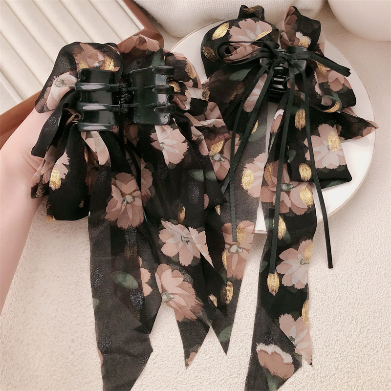 Nuevo estilo francés retro floral bowknot cola de caballo pinza de agarre temperamento ambiente de alto nivel sentido horquilla en la parte posterior de la cabeza