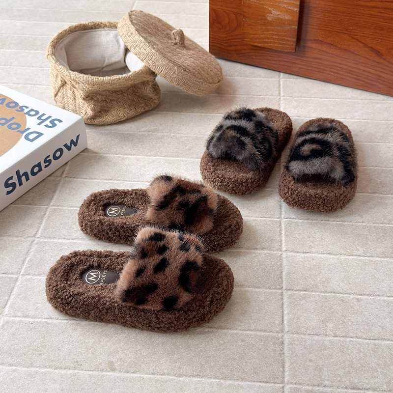 Ins Kidsren's Furry Slippers 2026 Autumn and Winter New Style Girls' Leopard Print Thick-Soled Cotton Slippers for Outer Wear Slippers