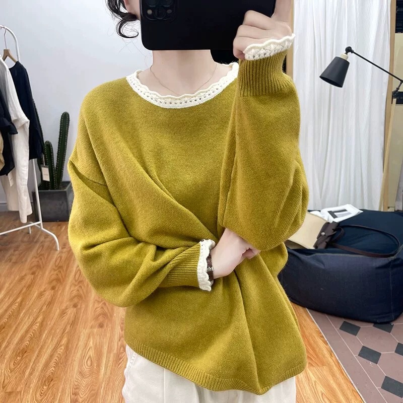 花边领圆领套头针织衫女装春季大码胖mm宽松减龄百搭打底毛衣上衣|undefined