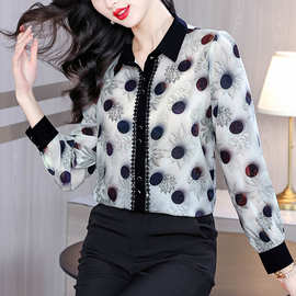 25春秋季新款翻领圆点中年妈妈气质长袖衬衣桑蚕丝女真丝雪纺衬衫