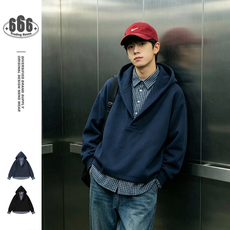 Adam Freak Spring and Autumn Trendy Japanese Retro Fake Two-Piece Shirt Collar Hooded Sweatshirt Men's Jacket Aw013