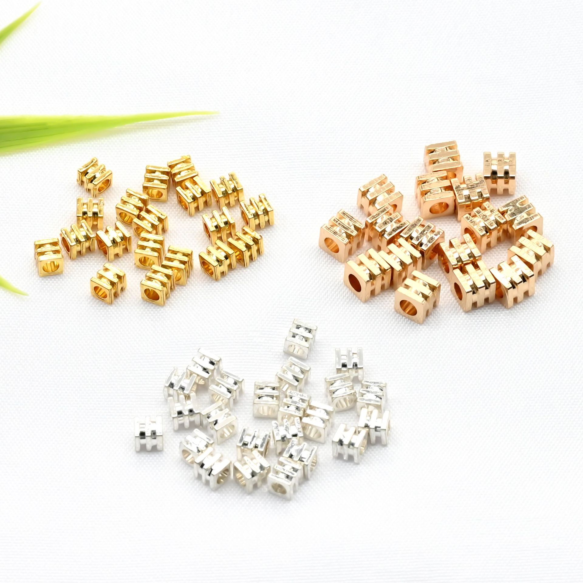 保色18K14K金色银色三线方珠饰品diy配件散珠隔珠穿孔珠手串配饰