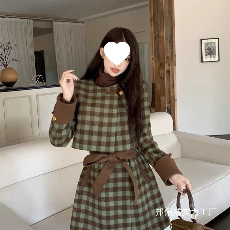 2025格子秋冬小香风新款厚外套连衣裙两件套毛呢时尚气质显瘦套装