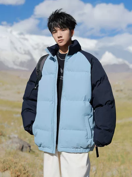 Two-tone stand-up collar thickened puffer jacket for men, winter couple's style, warm casual sports cotton coat, slimming and trendy