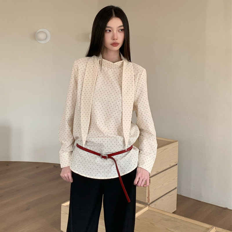 Shirt Women's Design Niche 2025 Early Autumn New Polka Dot Lace-Up Long-Sleeved Pullover Versatile Top with Multiple Ways to Wear