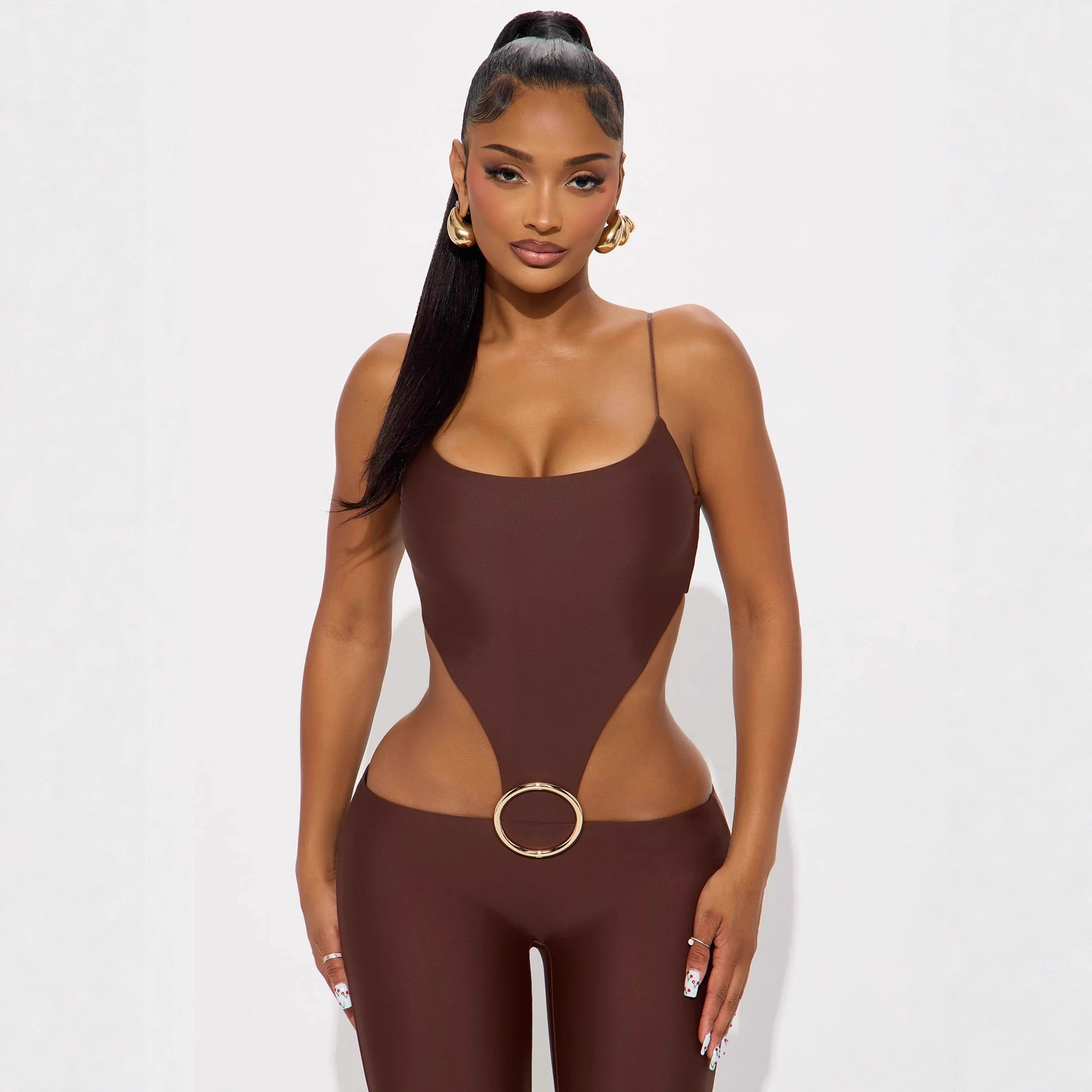 2025 European and American New Cross-Border Women's Fashion Sexy Hollow-Out Strap Jumpsuit Waist-Length Tight-Fitting Jumpsuit for Women