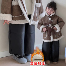 韩国女童加绒皮裤中小童冬季厚直筒裤子宝宝时尚宽松加厚长裤高腰