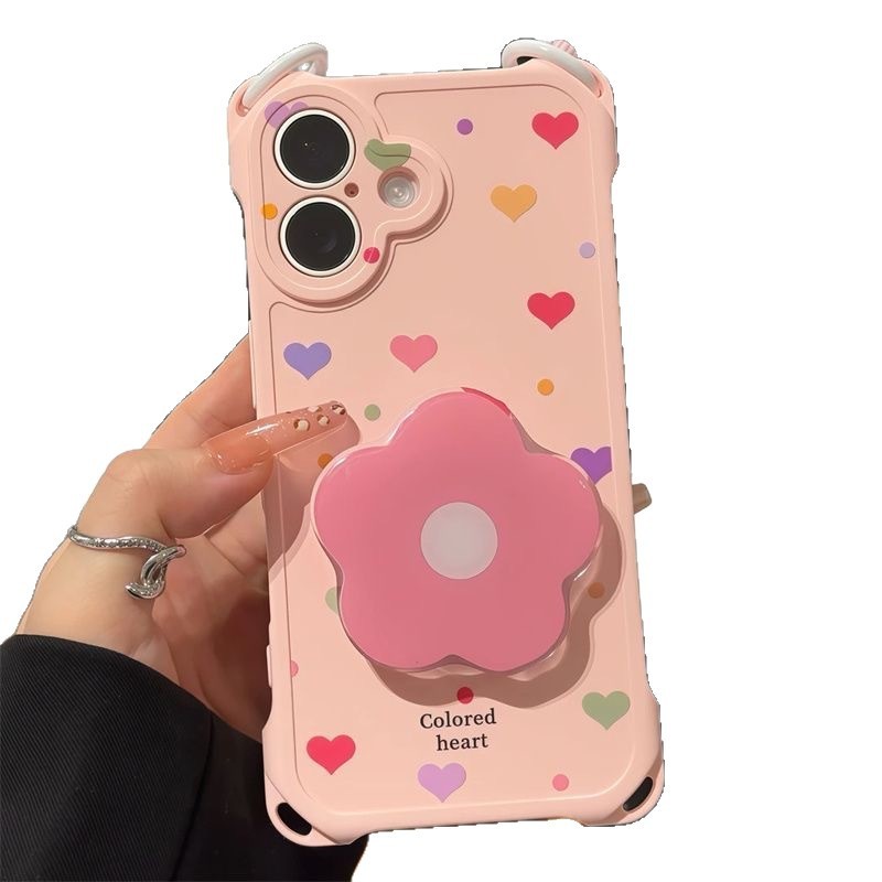 ins粉爱心花朵支架挂绳适用iPhone苹果16手机壳华为vivoppo小米15|undefined