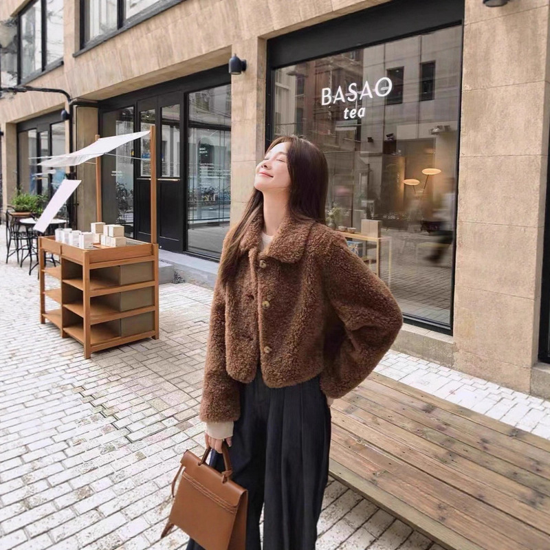 Zm Zhou Mi Lapel Teddy Short Lamb Fur Coat for Petite Women