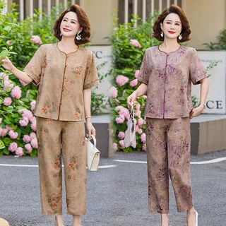 妈妈装夏季新中式短袖套装中老年女装国风印花圆领衬衫裤子两件套