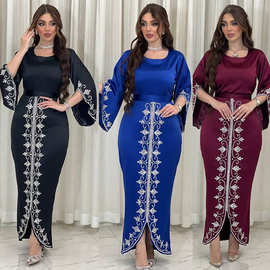 AB322 中东女装连衣裙跨境阿拉伯迪拜长袍时尚镶钻柔美缎面晚礼服