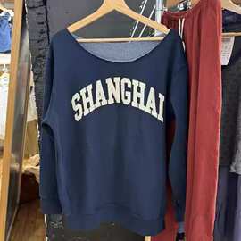 BM风藏蓝色裁剪领shanghai刺绣加绒套头卫衣女一字肩套头外套上衣