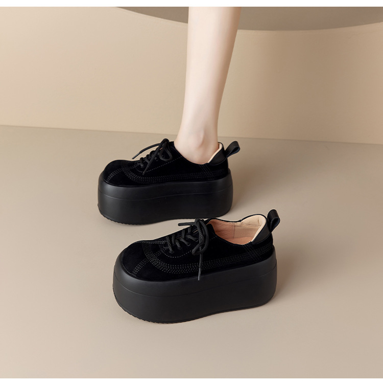 Giày sneaker nữ chunky đế dày mũi tròn phối màu dây buộc cổ thấp thu đông da thật — màu đen, màu mơ chi tiết 4
