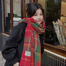 圣诞心愿节日氛围新年格子流苏围巾女冬韩版百搭加厚保暖围脖披肩