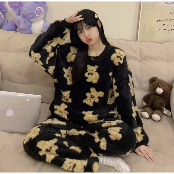 Otoño y invierno pijama de mujer punto pequeño conejo flanel engrosado dulce dibujos animados casuales manga larga cálida coral conjunto de terciopelo