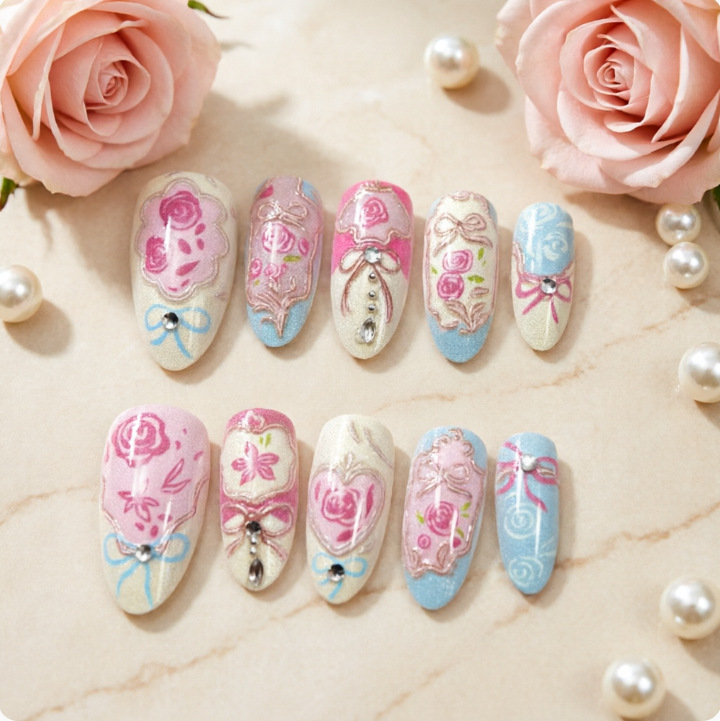 Retro Painted Art Palace-Style Exquisite Nail Art with Rhinestone Bows and Flowers, Sweet and Cute Wearable Nails with a High-End Feel