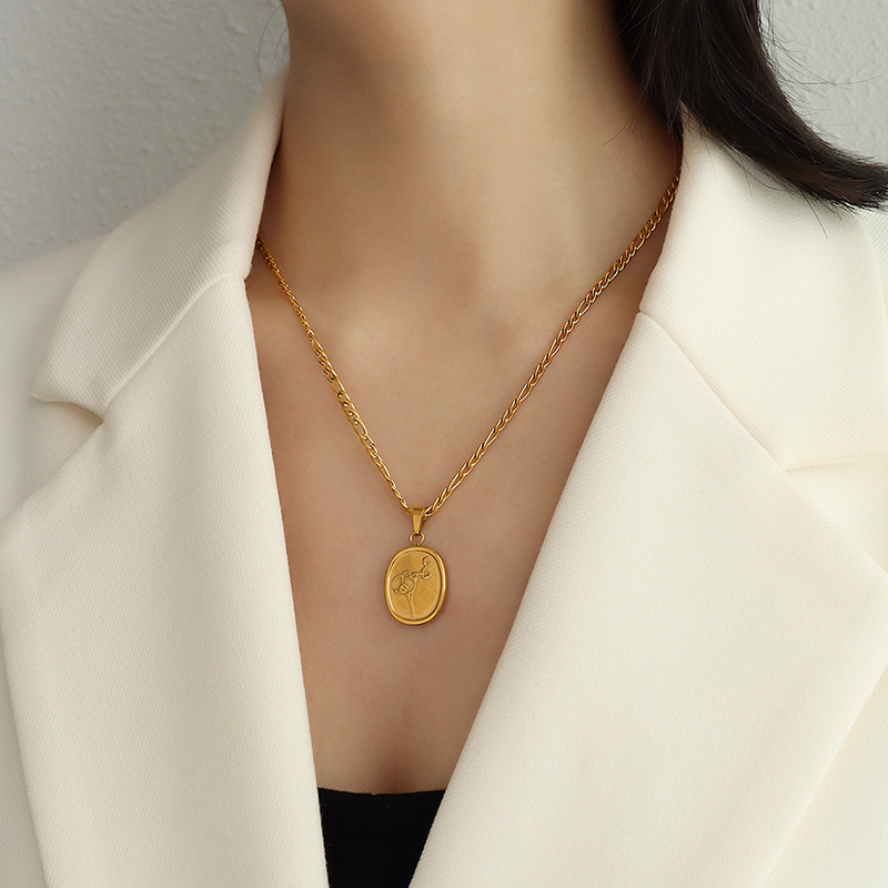 Niche Gold Coin Geometric Oval Pattern Withered Rose Necklace Set_voghion.com